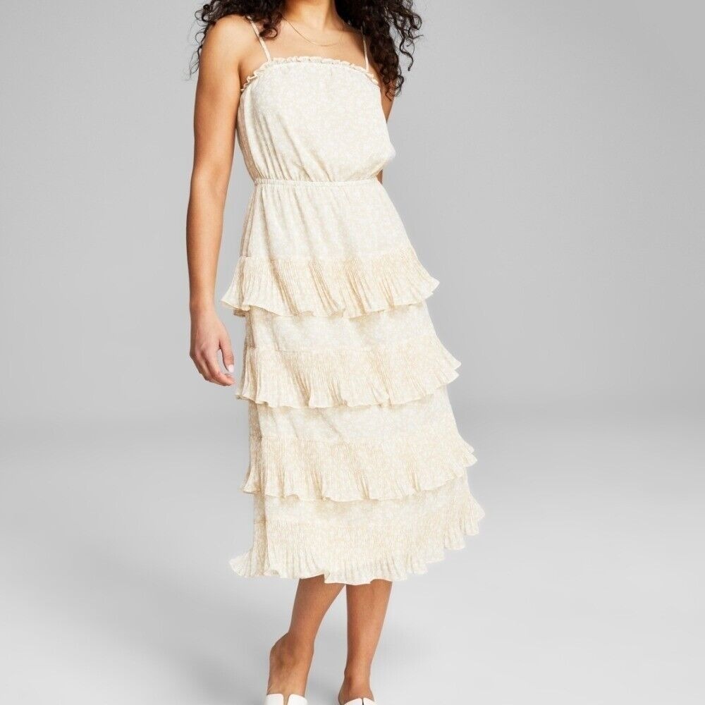 And Now‎ This Dress Womens Small Neutral Floral Tiered Sleeveless Peasant Midi